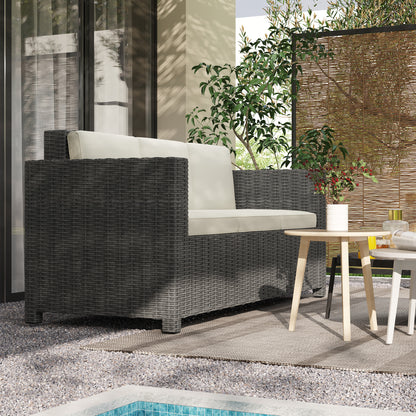 3 Seater Rattan Sofa All-Weather Wicker Weave Metal Frame Chair with Fire Resistant Cushio-Cream