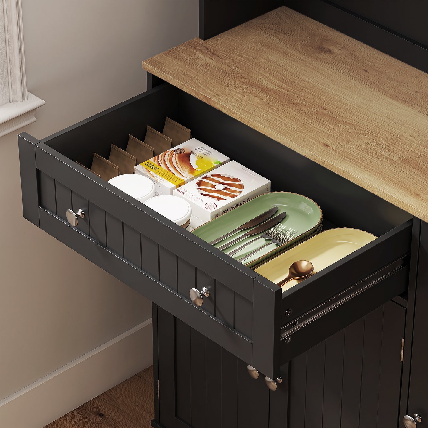 173 cm Tall Kitchen Cupboard with Charging Station, Pantry Storage Cabinet with Adjustable Shelves and 4 Door Racks