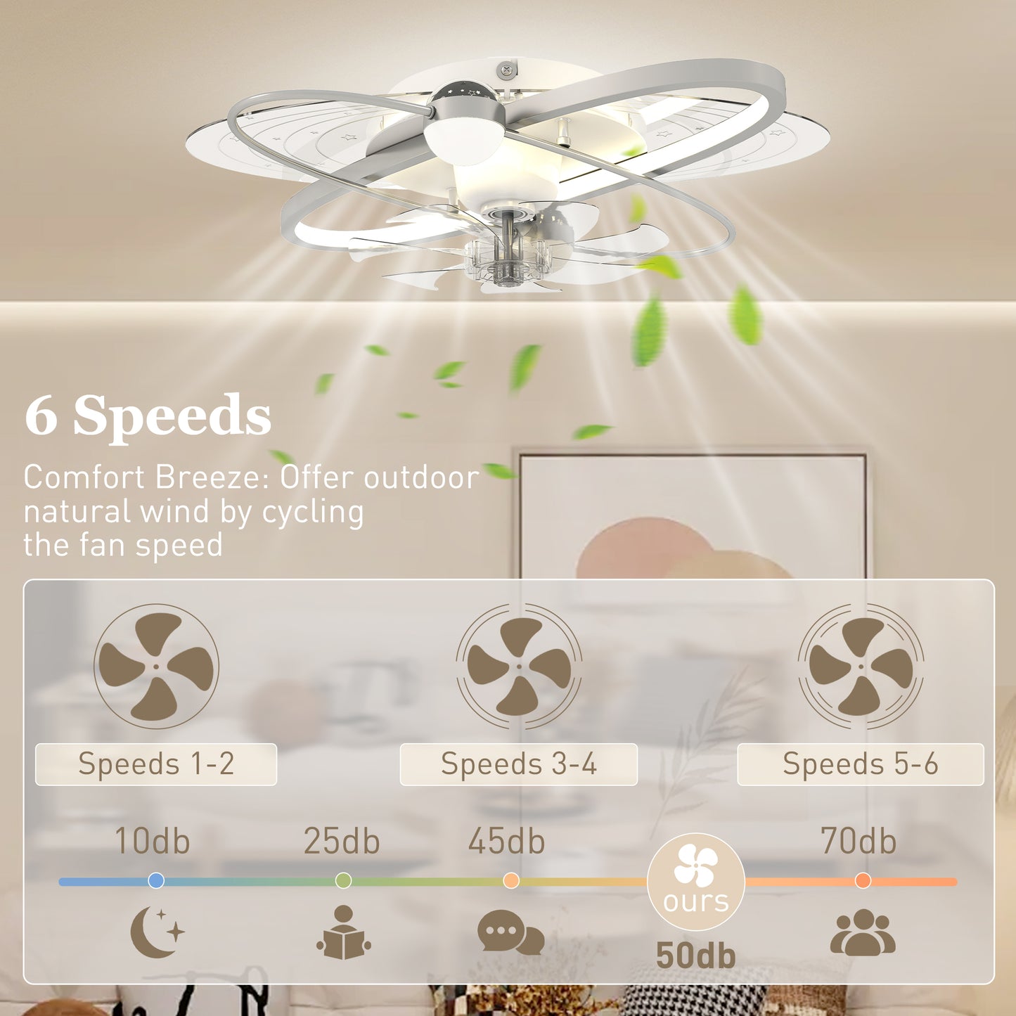 Ceiling Fan with Light and Remote, 3 Colour Temperatures, LED Mount Ceiling Fan Light for Bedroom, Silver Tone