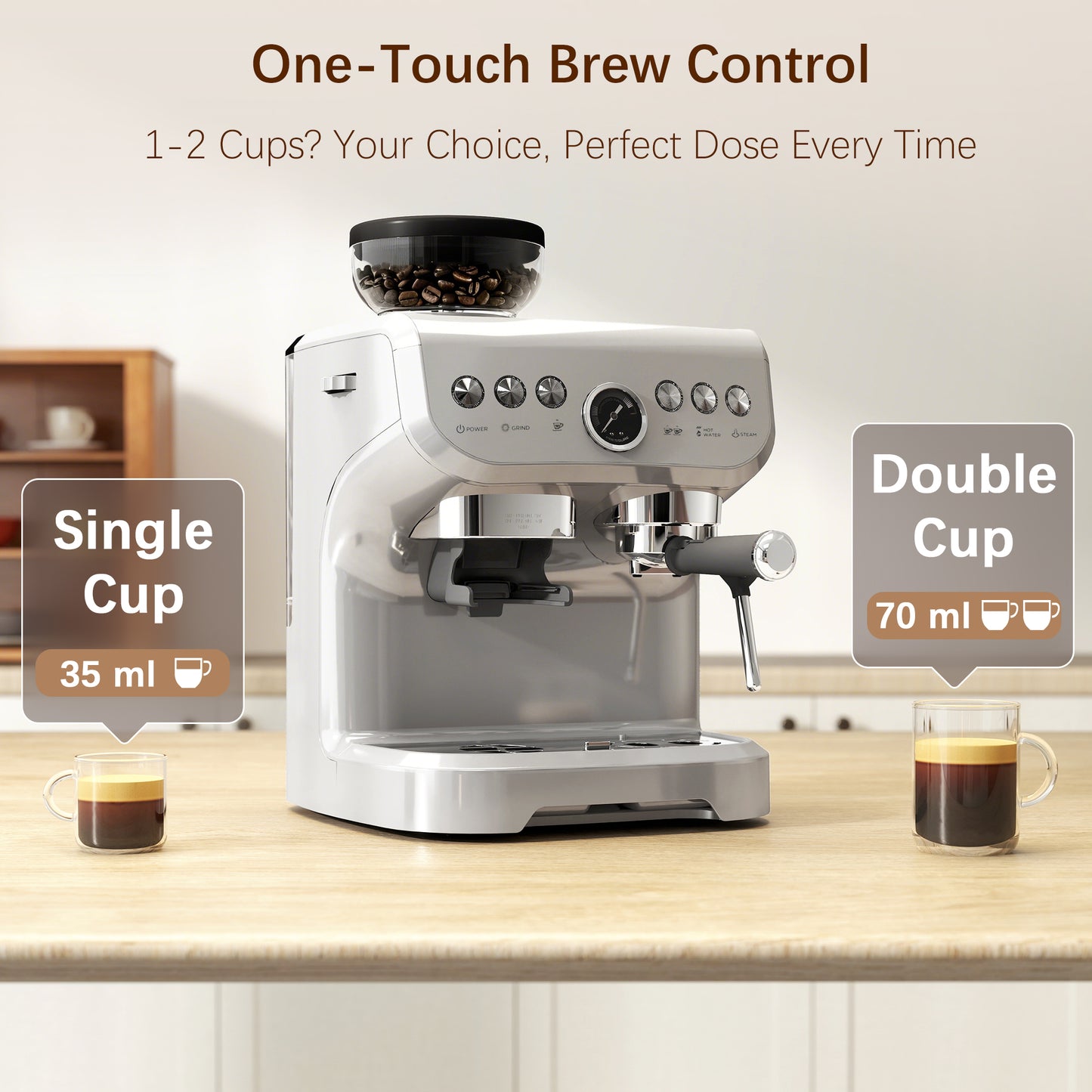 15 Bar Coffee Machine with 15 Adjustable Grind Setting, Steamer and Complete Kit - Silver Colour