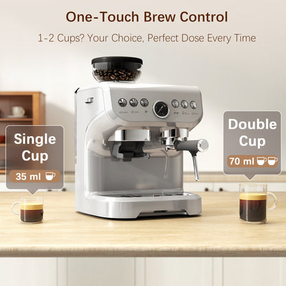 15 Bar Coffee Machine with 15 Adjustable Grind Setting, Steamer and Complete Kit - Silver Colour