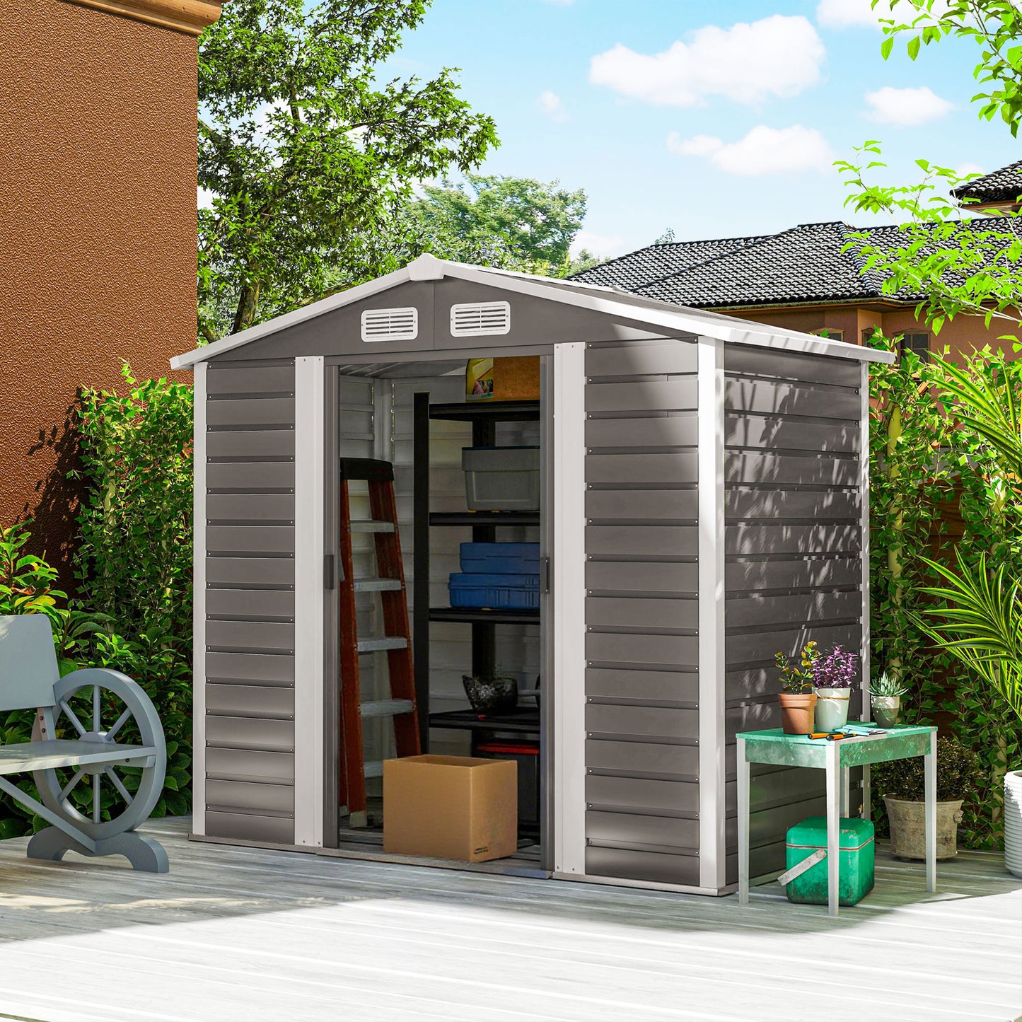 7 x 4ft Garden Shed, Easy to Assemble, Upgraded Galvanised Steel Frame with Foundation Kit, Double Doors with Lock