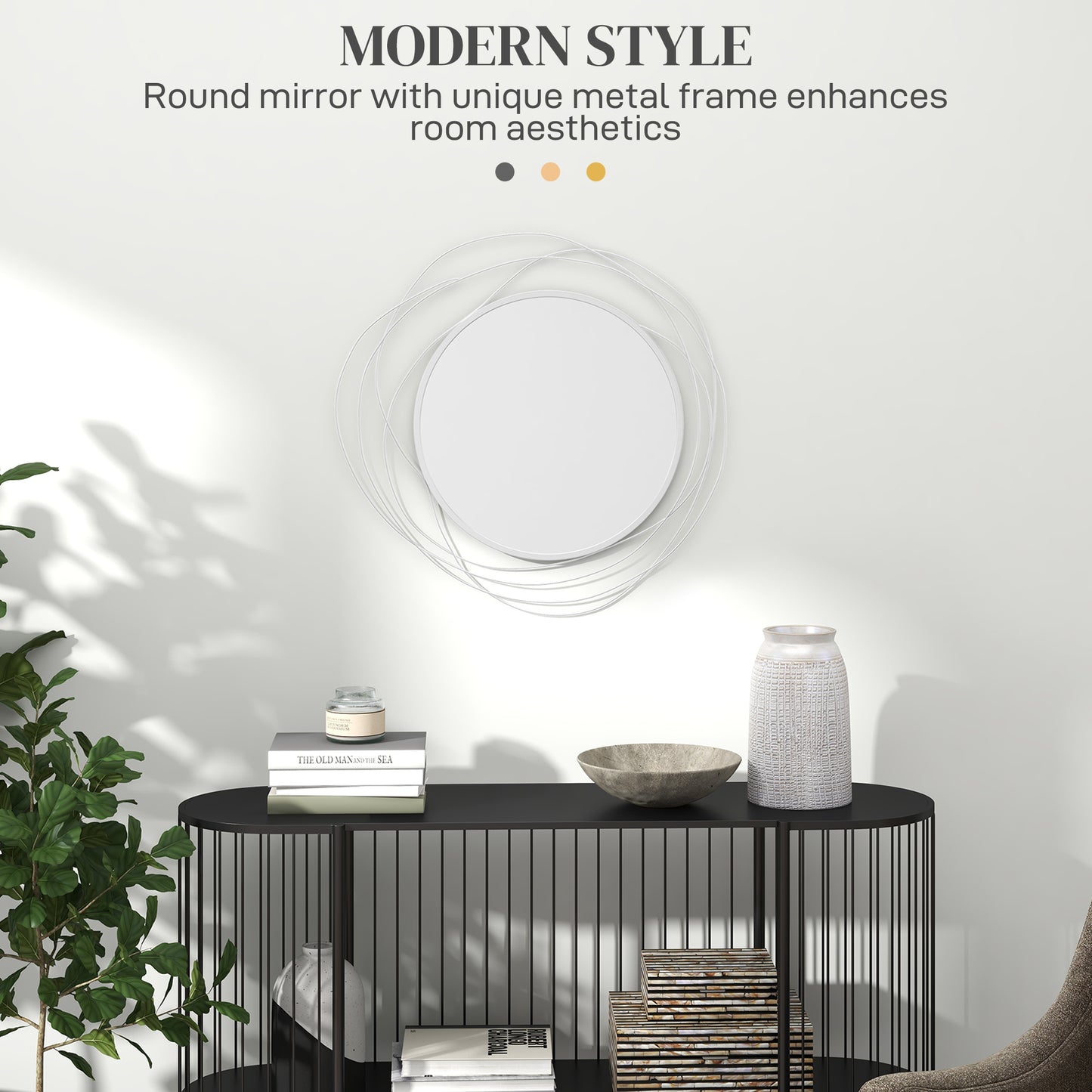 Metal Wall Art 65cm Modern Decorative Mirror Decor for Living Room Bedroom Dining Room, Silver