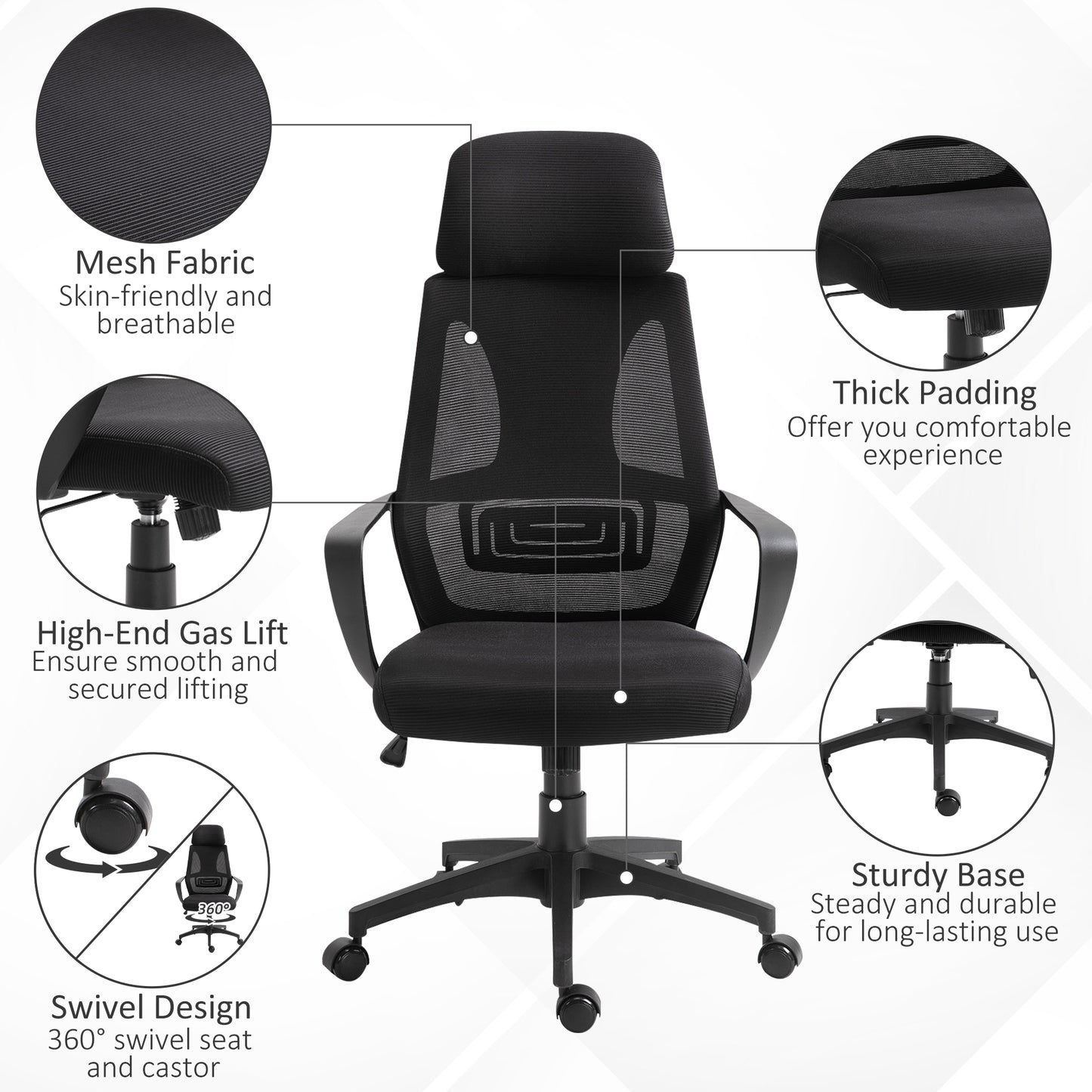 Ergonomic Office Chair, High Back Computer Chair, Mesh Desk Chair with Lumbar Support, Headrest, Wheel, Adjustable Height