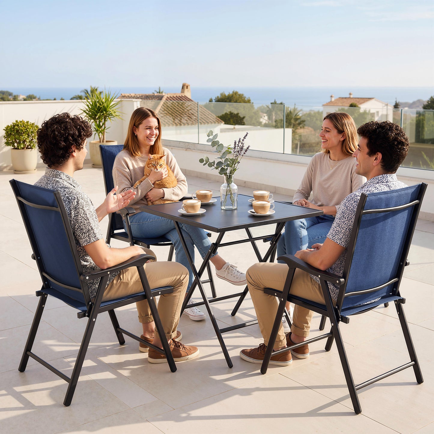 Folding Garden Chairs Set of 4, Foldable Garden Dining Chairs with High Back, Armrests, Texteline Seat, Navy Blue