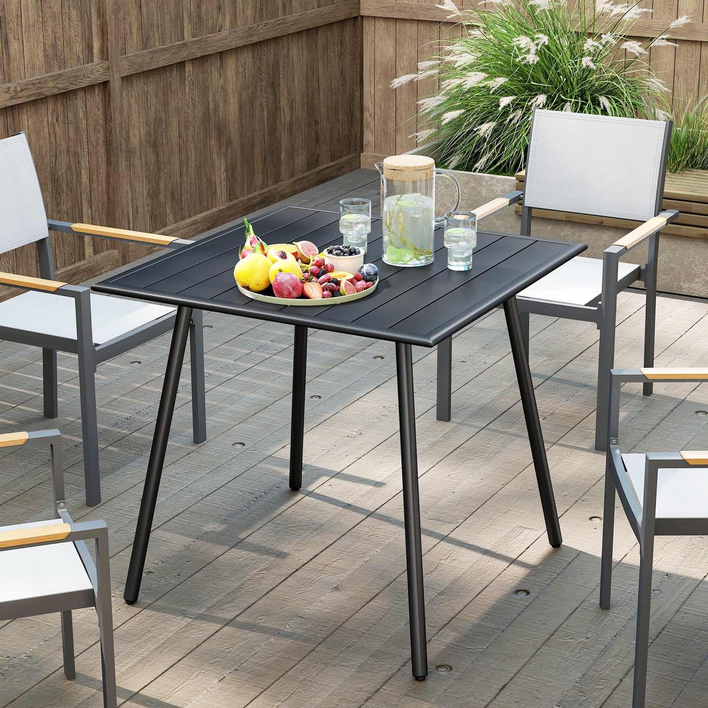 Square Garden Table with Slat Top, Steel Frame, Outdoor Table for 4 Person, 80 x 80 x 74 cm, Black