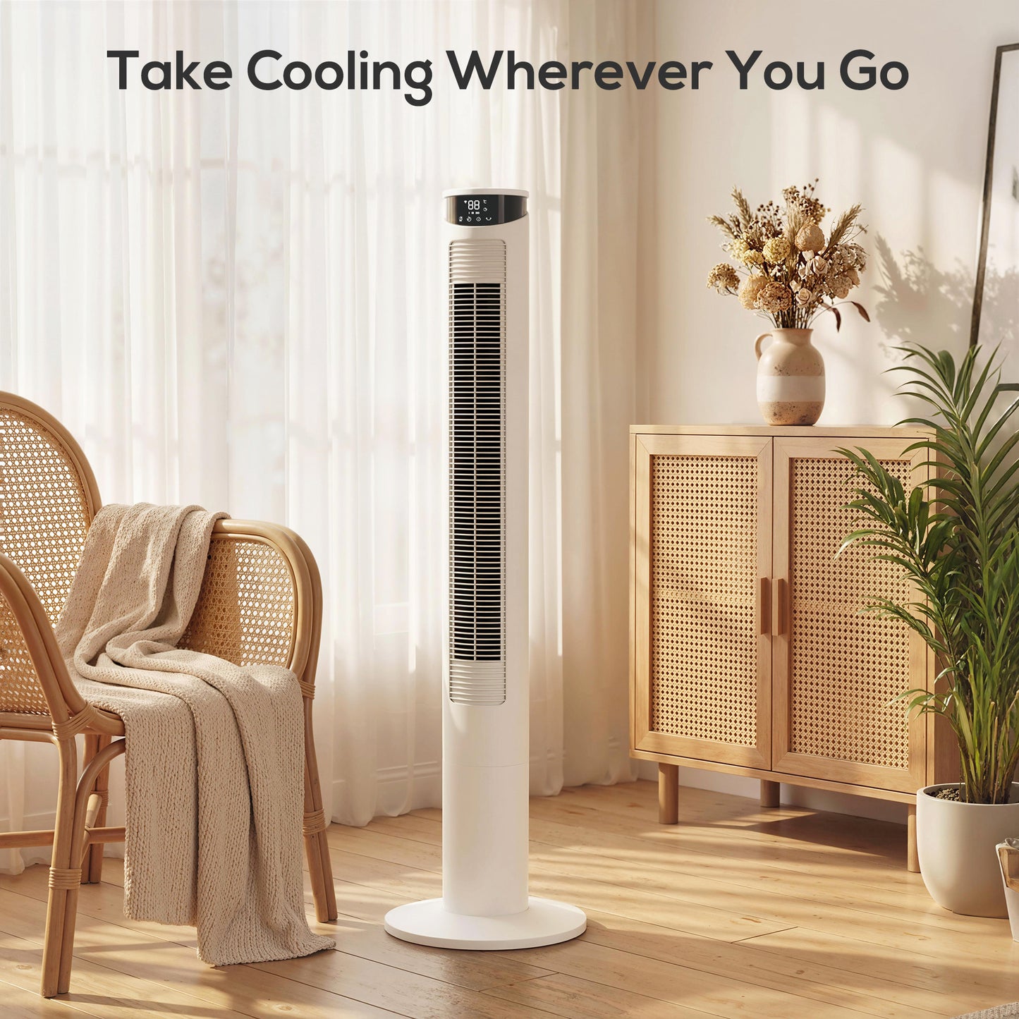 Tower Fan with WiFi Control Standing Floor Fan with Remote Control 116 cm White