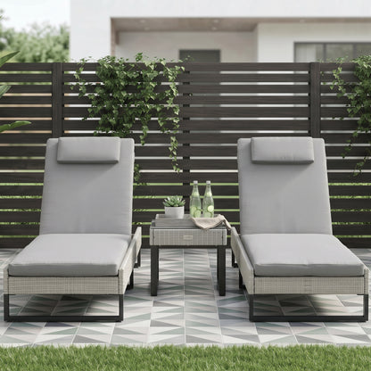 3-piece PE Rattan Sun Lounger Set with Adjustable 5-Position Recliner, Patio Chaise Lounge Chair Set with Cushions