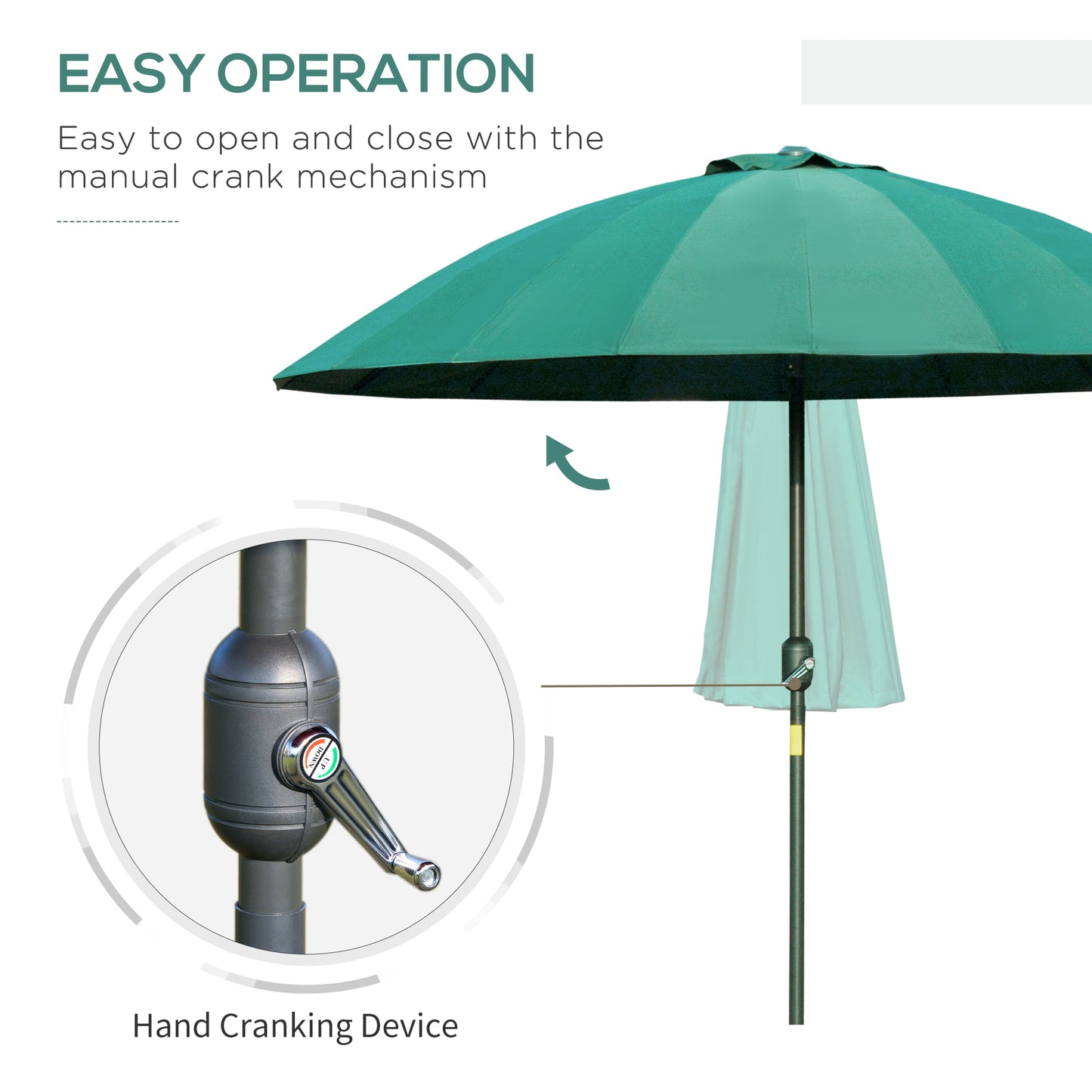 2.5m Shanghai Garden Parasol Umbrella with Crank & Tilt, Adjustable Outdoor Sun Shade, Green
