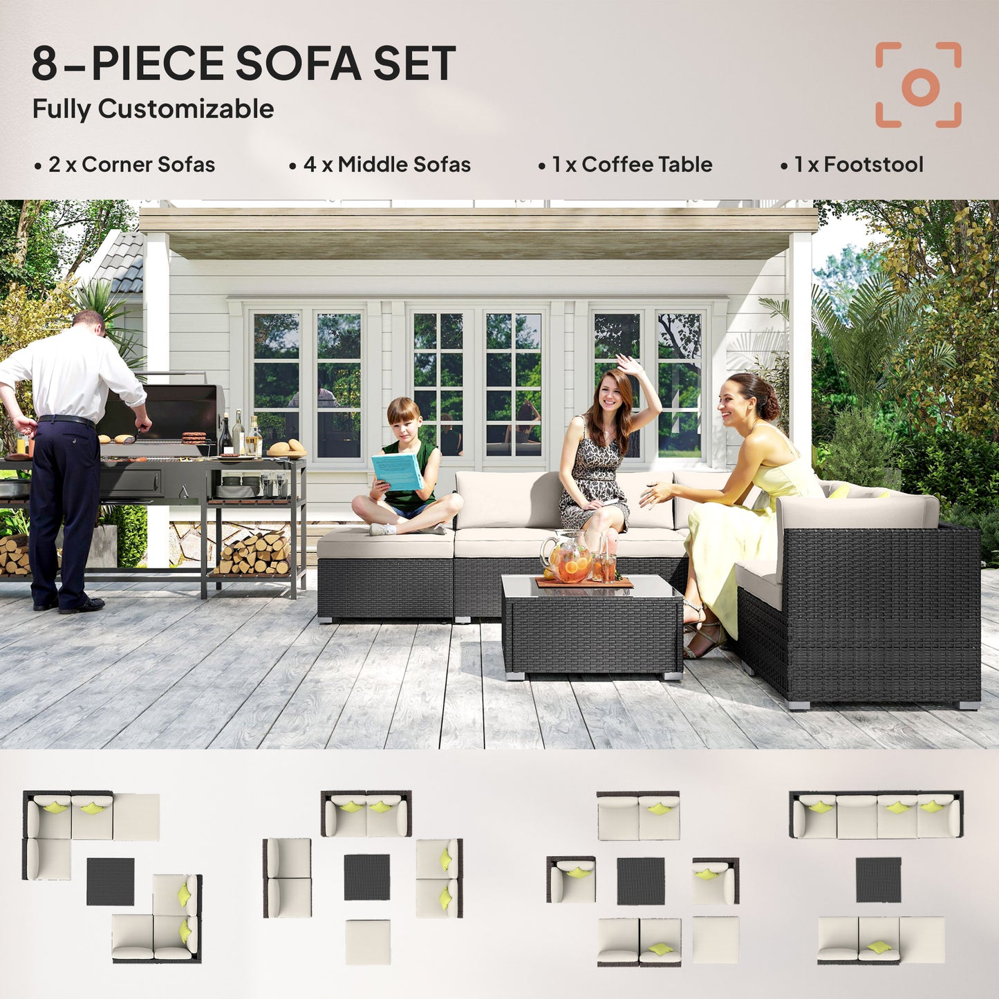 8 Piece Rattan Corner Sofa Set with Wide & Deep Seat, Assembled Aluminium PE Rattan Garden Furniture Set