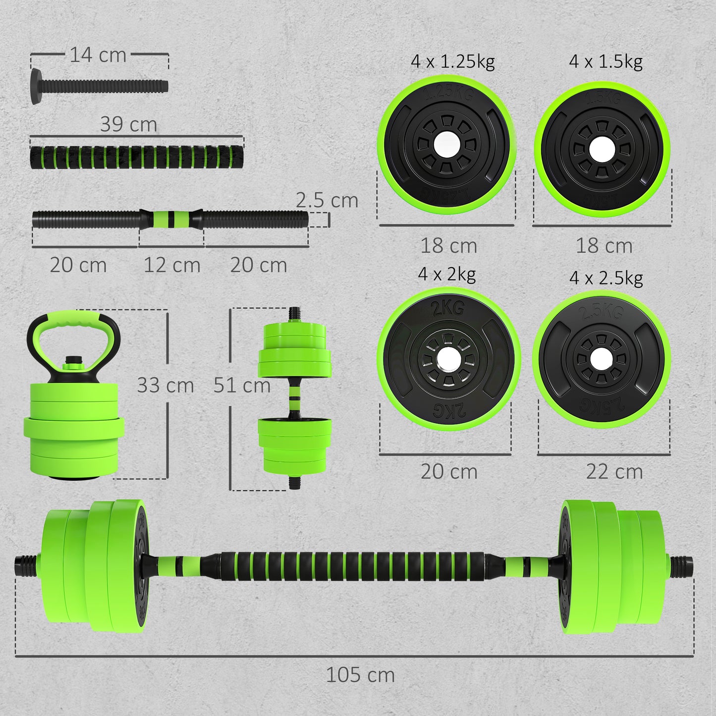 30kg 6-In-One Adjustable Weight Dumbbells Set, Barbell, Kettlebell, Push Up Stand - Green