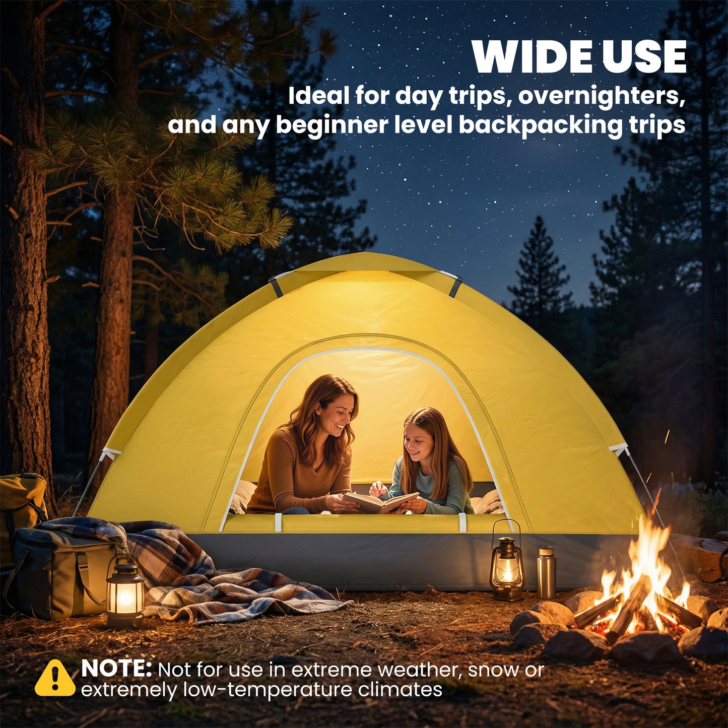 2 Person Camping Tent, Dome Tent with Zipped Doors, Storage Pocket, Portable Handy Bag, Yellow