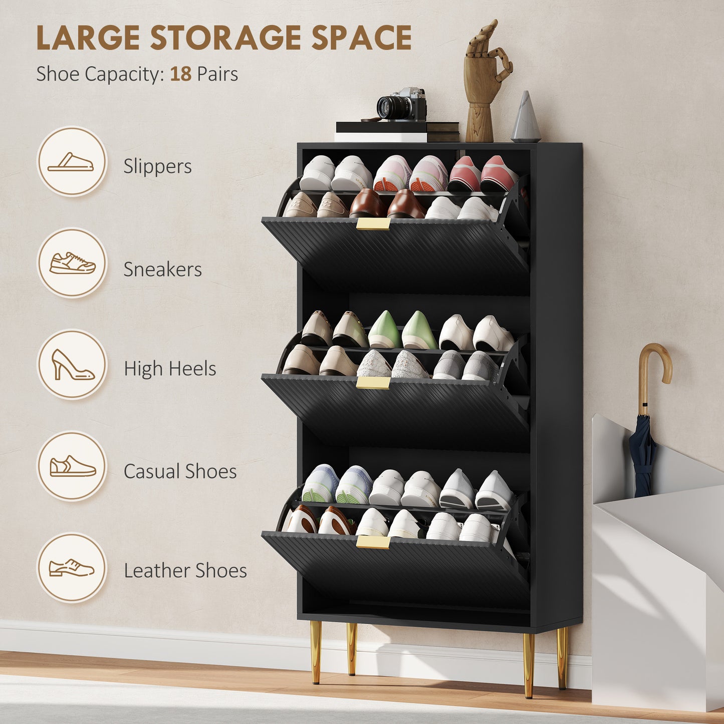 Elegant Three-Drawer Shoe Cabinet - Black