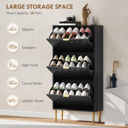Elegant Three-Drawer Shoe Cabinet - Black