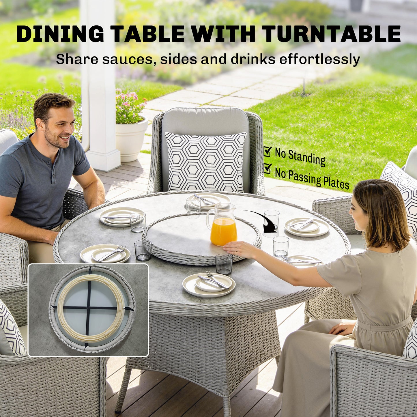 Rattan Garden Dining Set with Turntable, Marble Effect Glass Round Garden Table and Chairs with Aluminium Frame, Grey
