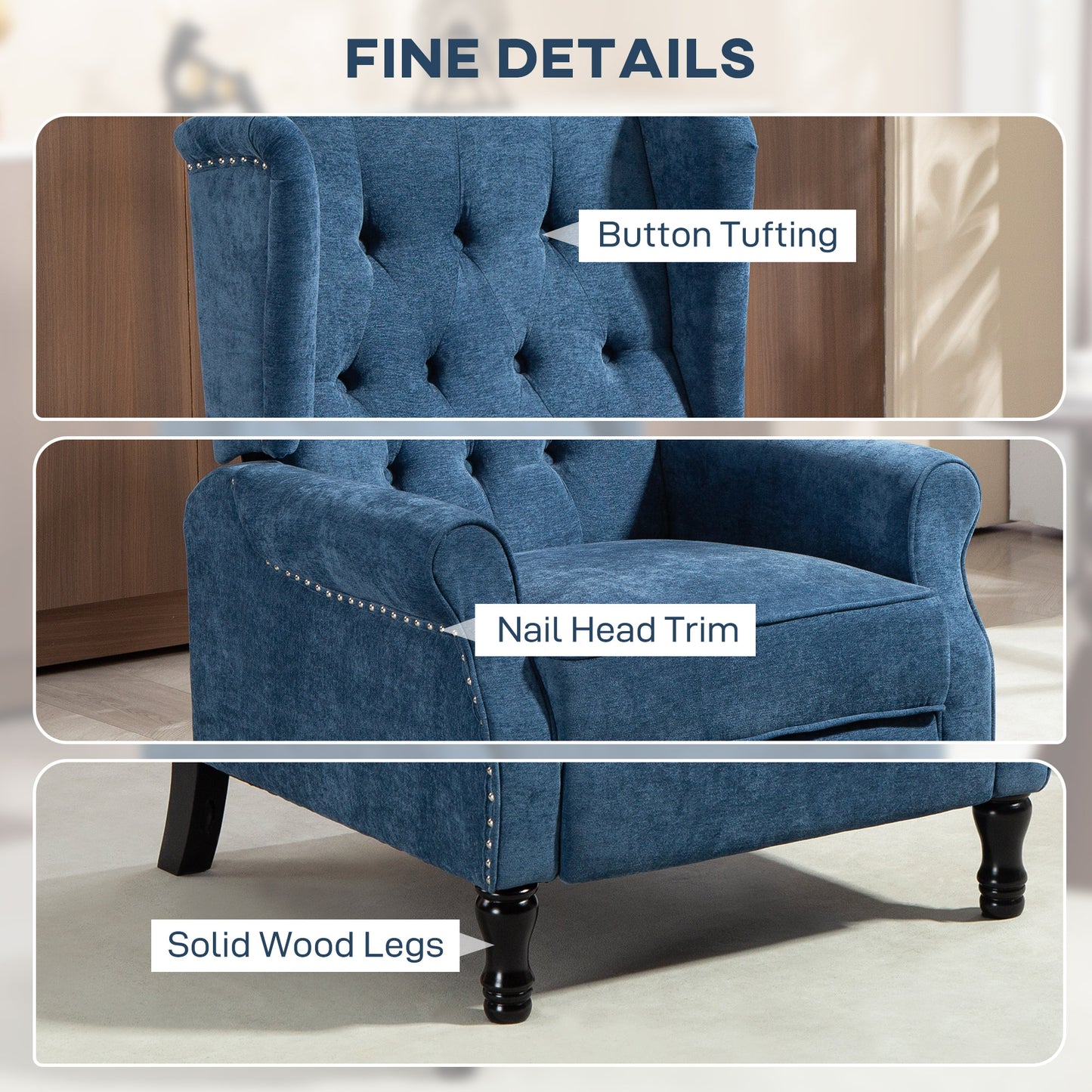 150° Reclining Vintage Armchair, with footrest, Royal Blue