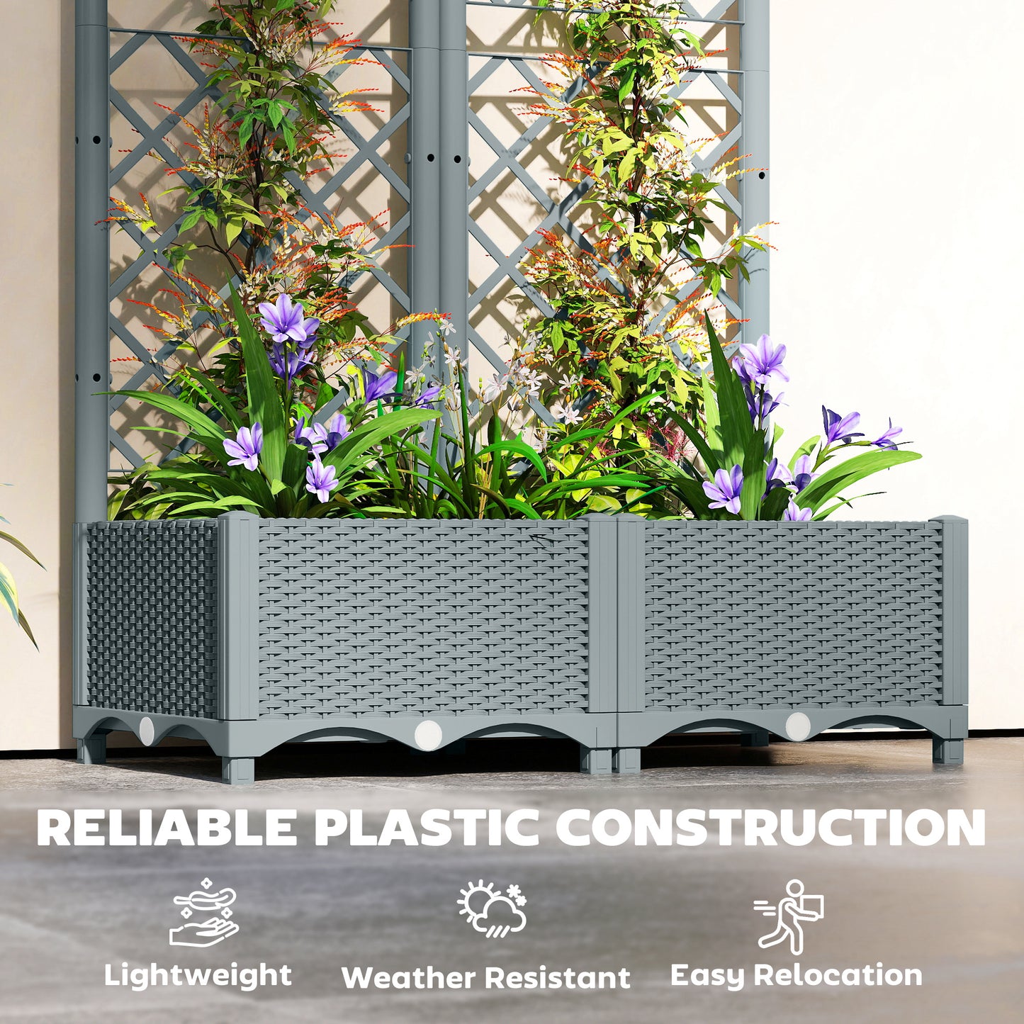 Raised Garden Bed with Trellis, Plastic Planter Box with Drainage Holes