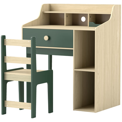 Kids Desk and Chair Set with Storage Shelves and Drawer, Green