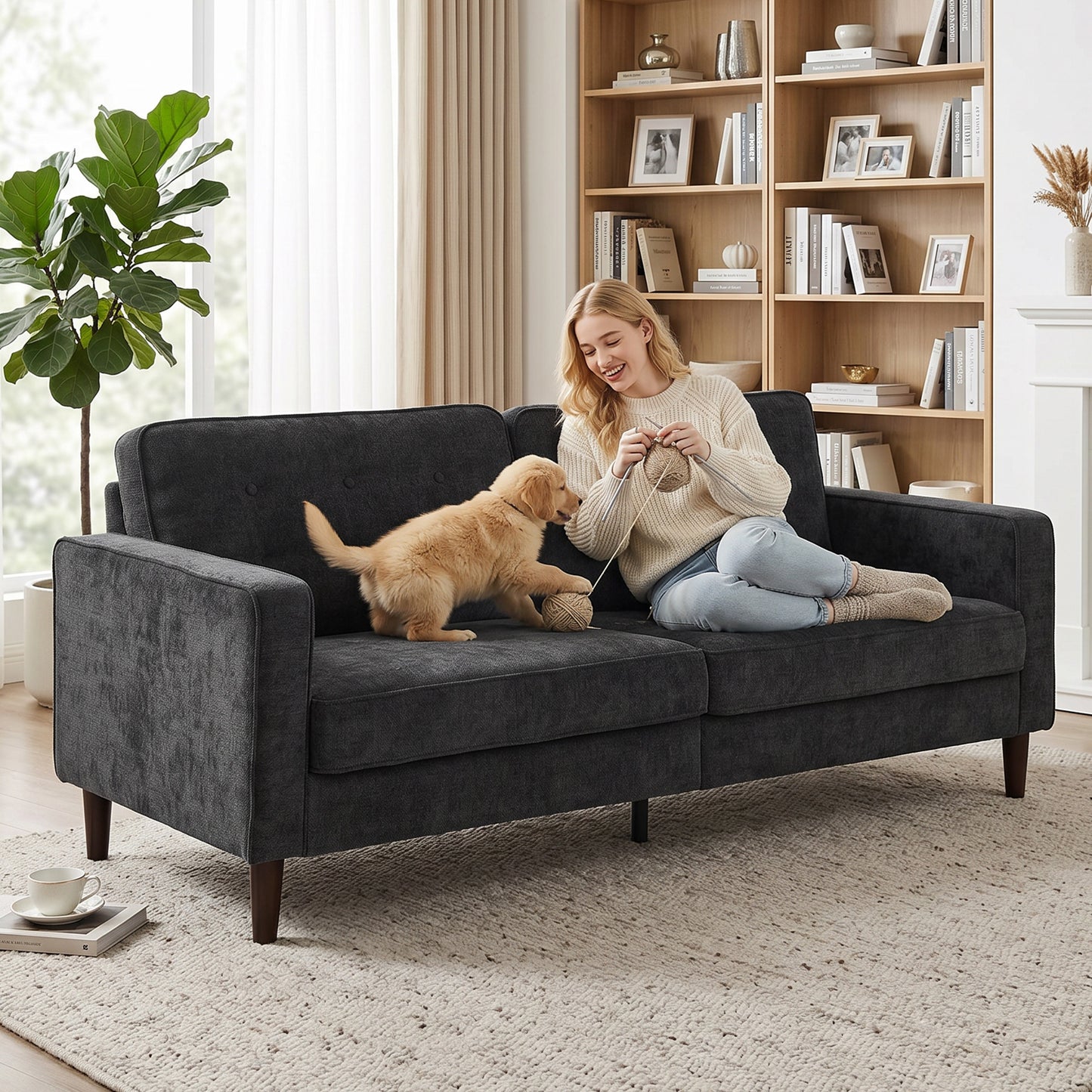 3 Seater Sofa Button Tufted Upholstered Couch with Wood Legs for Living Room, Dark Grey