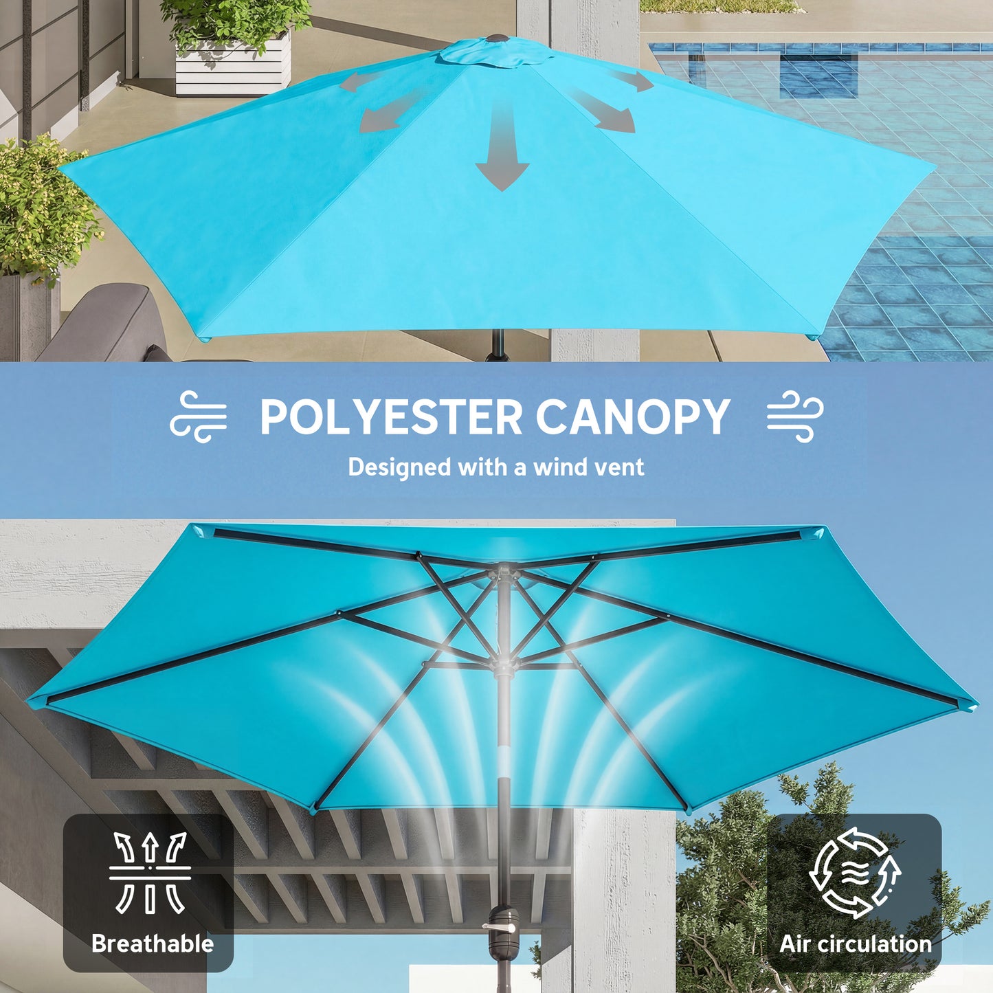 2.6 m Garden Parasol Umbrella with Aluminium Pole, Outdoor Patio Umbrella with Tilt and Crank, Vent, Blue