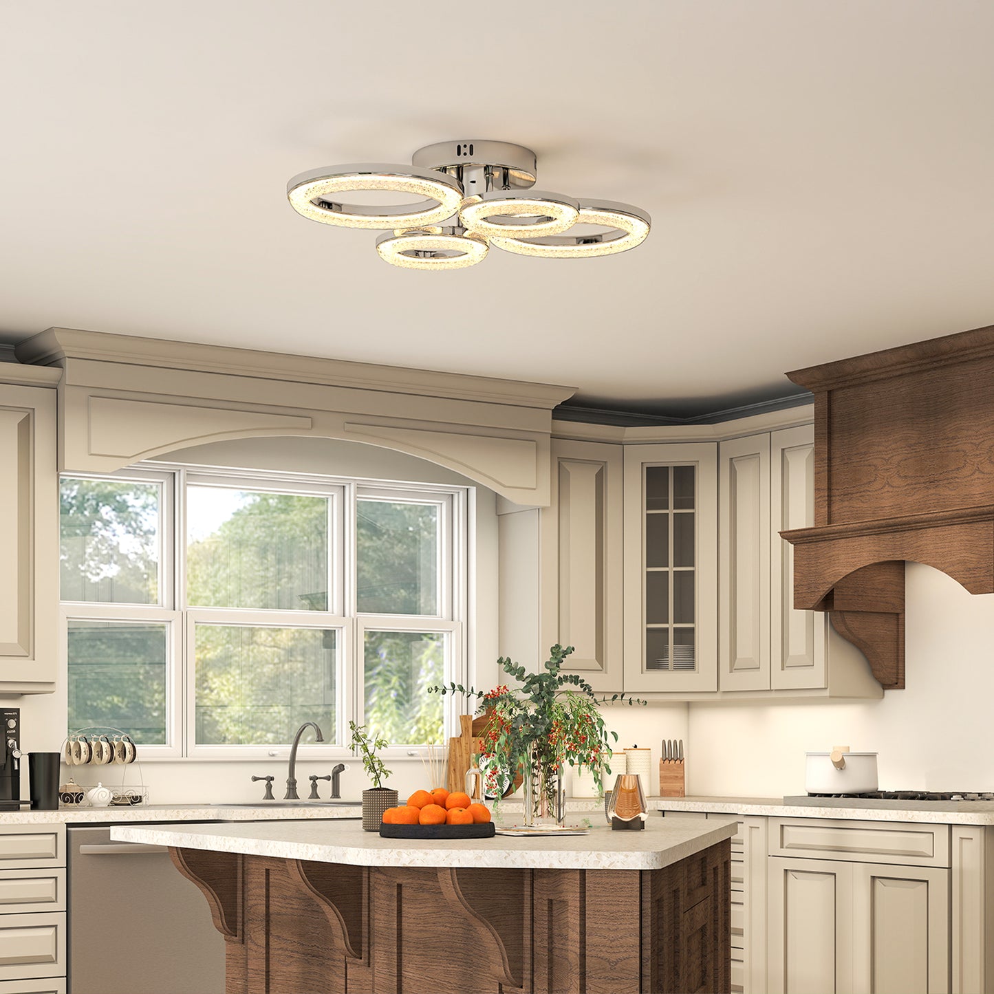 4-Ring LED Ceiling Light, Flush Mount Ceiling Light with 3 Colour Temperatures, Silver Tone
