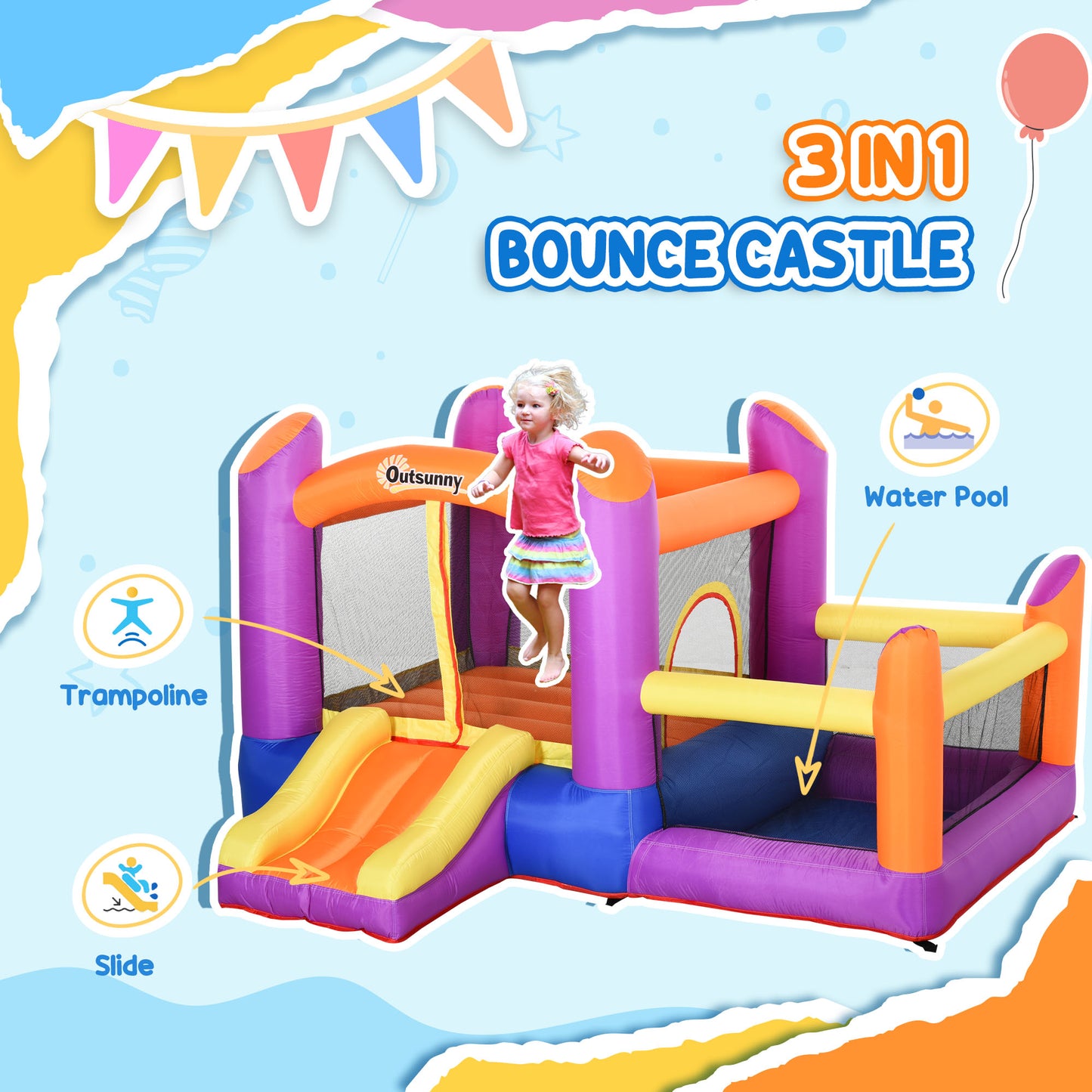 Kids Bouncy Castle House Inflatable Trampoline Slide Water Pool 3 in 1 with Blower Indoor Outdoor for Kids Age 3-8 Multi-Colo