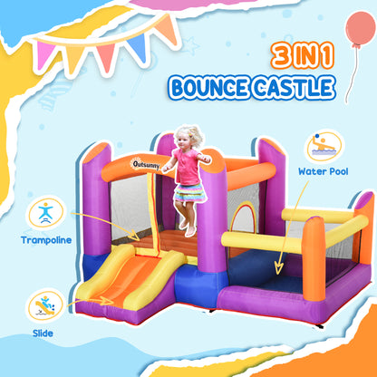 Kids Bouncy Castle House Inflatable Trampoline Slide Water Pool 3 in 1 with Blower Indoor Outdoor for Kids Age 3-8 Multi-Colo