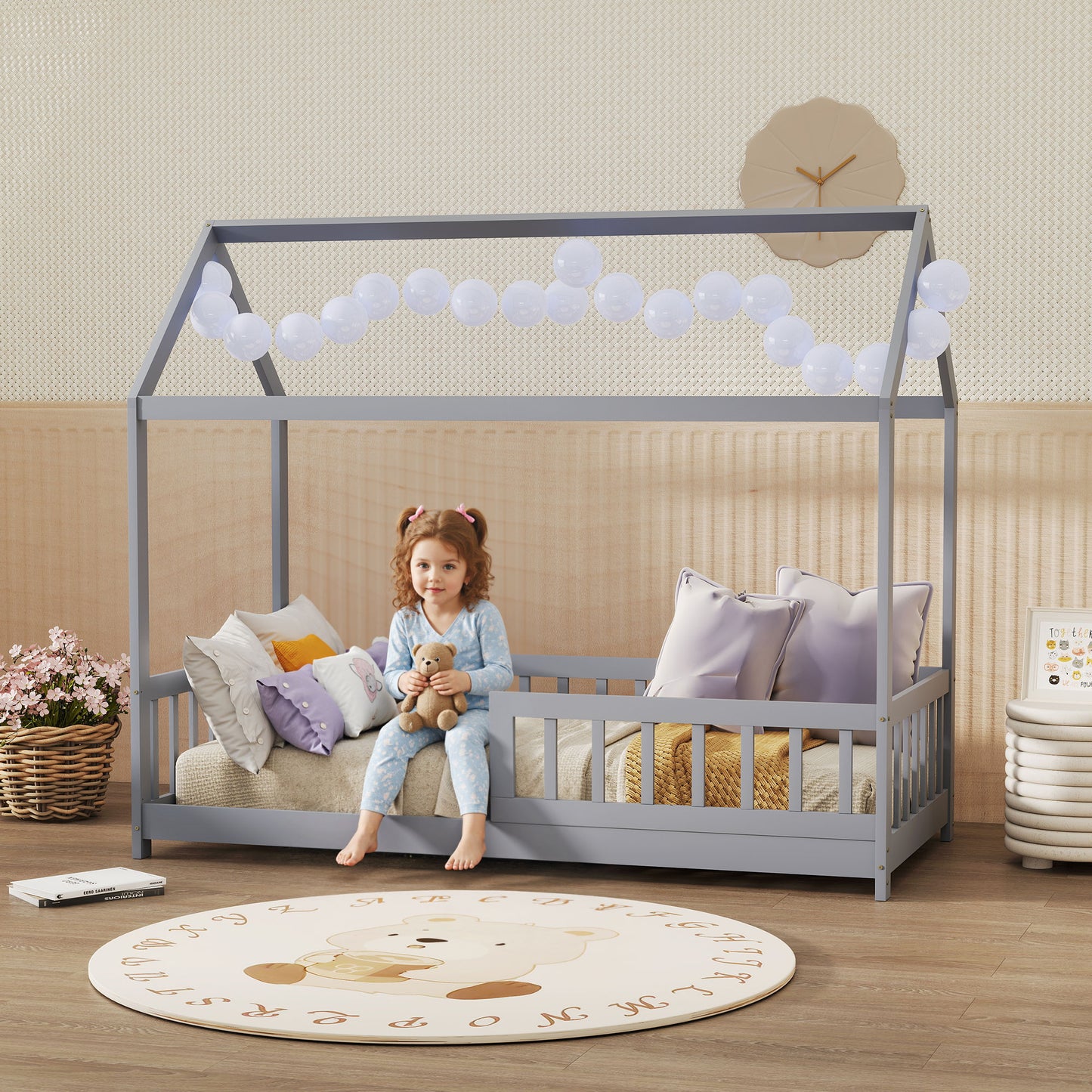 House-Shaped Kids Bed Frame with Guard Rails, Solid Pine Wood Single Bed Frame for Kids Boys and Girls, Grey