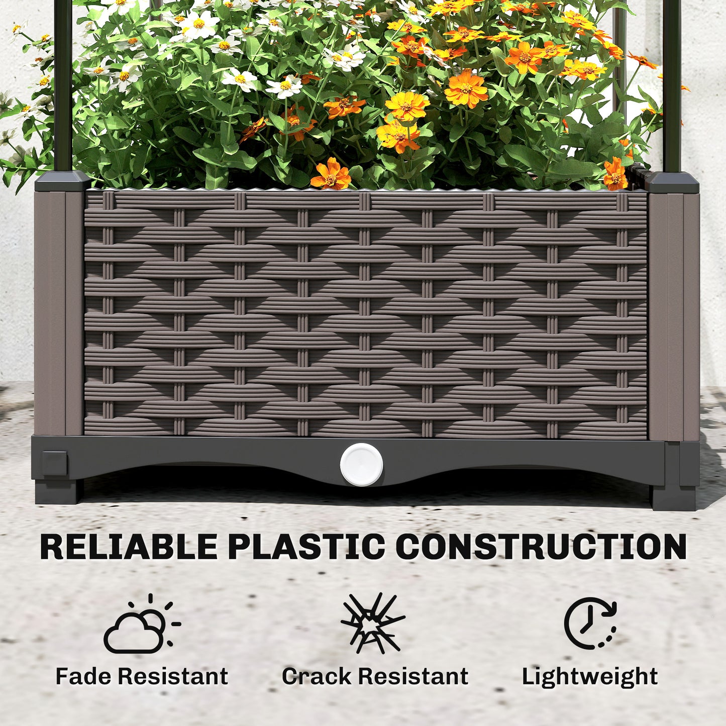 Raised Garden Bed with Trellis, Plastic Planter Box with Drainage Holes, Drain Plugs and Water Reservoirs