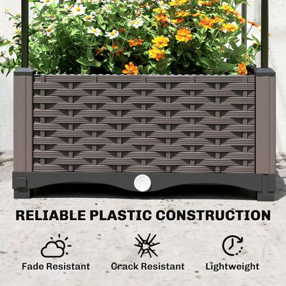 Raised Garden Bed with Trellis, Plastic Planter Box with Drainage Holes, Drain Plugs and Water Reservoirs