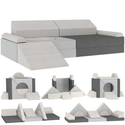 Kids Play Sofa, 12 Pieces Foam Modular Soft Play Set for Playroom, Children Convertible Sofa for Boys and Girls, Grey