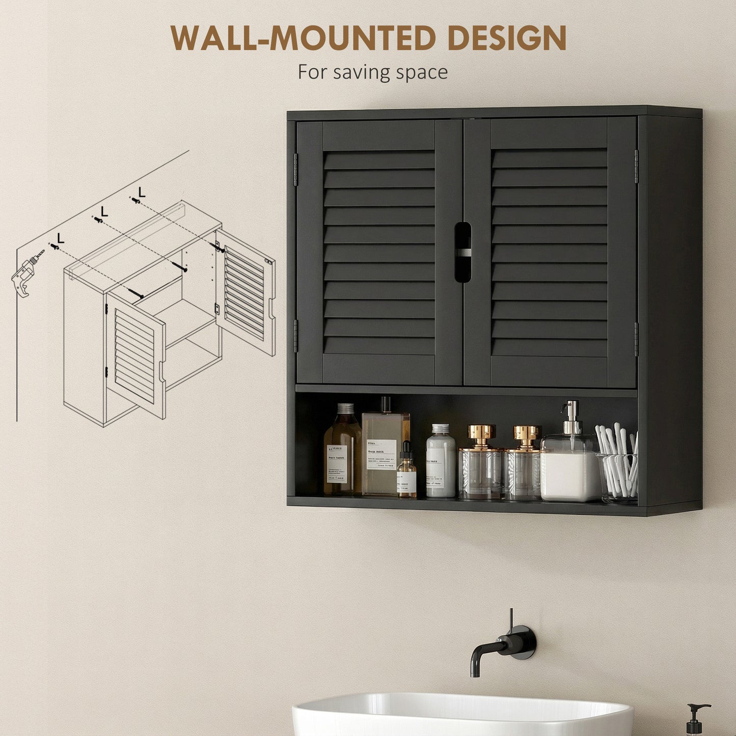 Bathroom Cabinet, Wall Mounted Storage Cabinet with Adjustable Shelves, 60 x 20 x 60 cm, Black