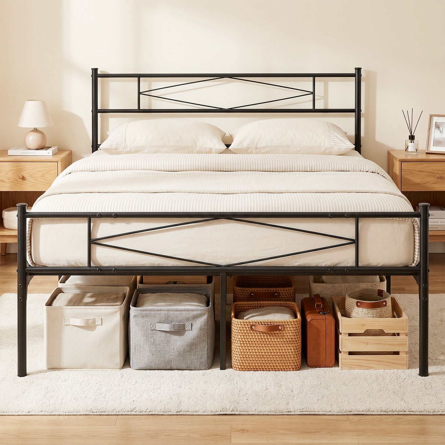 4ft6 Double Bed Frame with Headboard and Footboard, Metal Platform Bed Frame with 32 cm Underbed Storage, Black