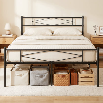 4ft6 Double Bed Frame with Headboard and Footboard, Metal Platform Bed Frame with 32 cm Underbed Storage, Black