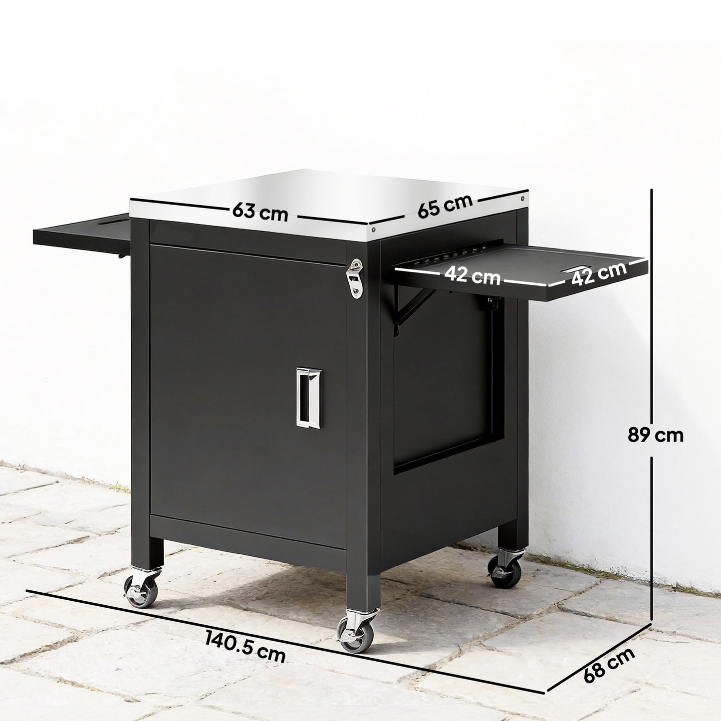 Outdoor Grill Cart with Stainless Steel Tabletop, BBQ Table with a Cabinet, Towel Holder, Bottle Opener, Black