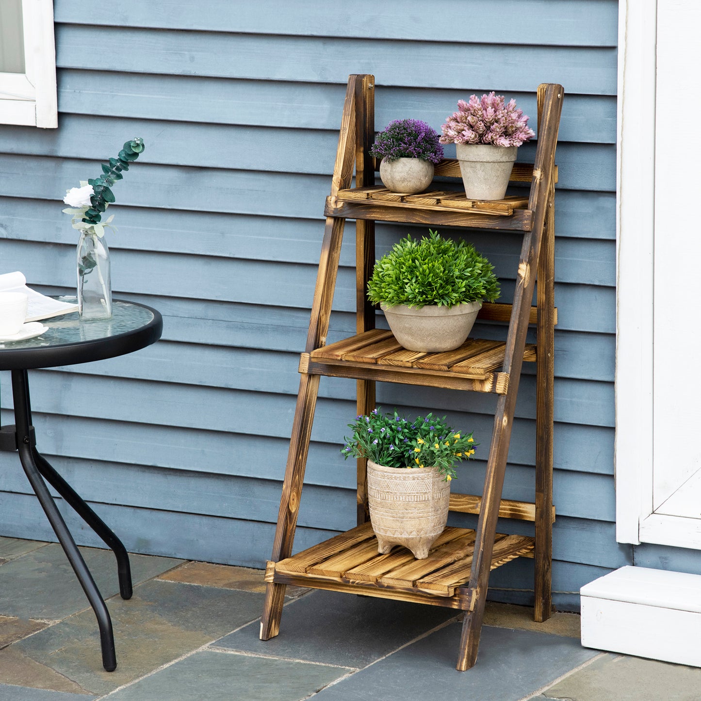 Wooden Folding Flower Pot Stand 3 Tier Garden Planter Display Ladder Gardener Storage Shelves Rack Herb Holder (40L x 37W x 9