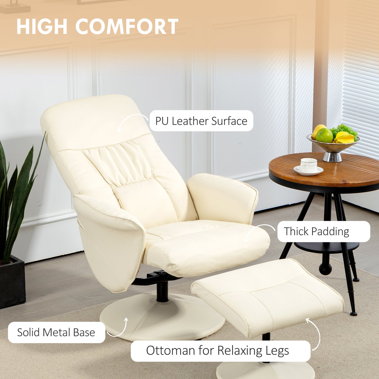 Swivel Recliner Chair with Footstool, PU Leather Armchair and Ottoman with High Back and Round Base for Living Room
