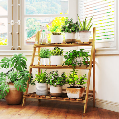 Wooden Folding Flower Pot Stand 3 Tier Garden Planter Display Ladder Gardener Storage Shelves Rack Herb Holder (80L x 37W x 9