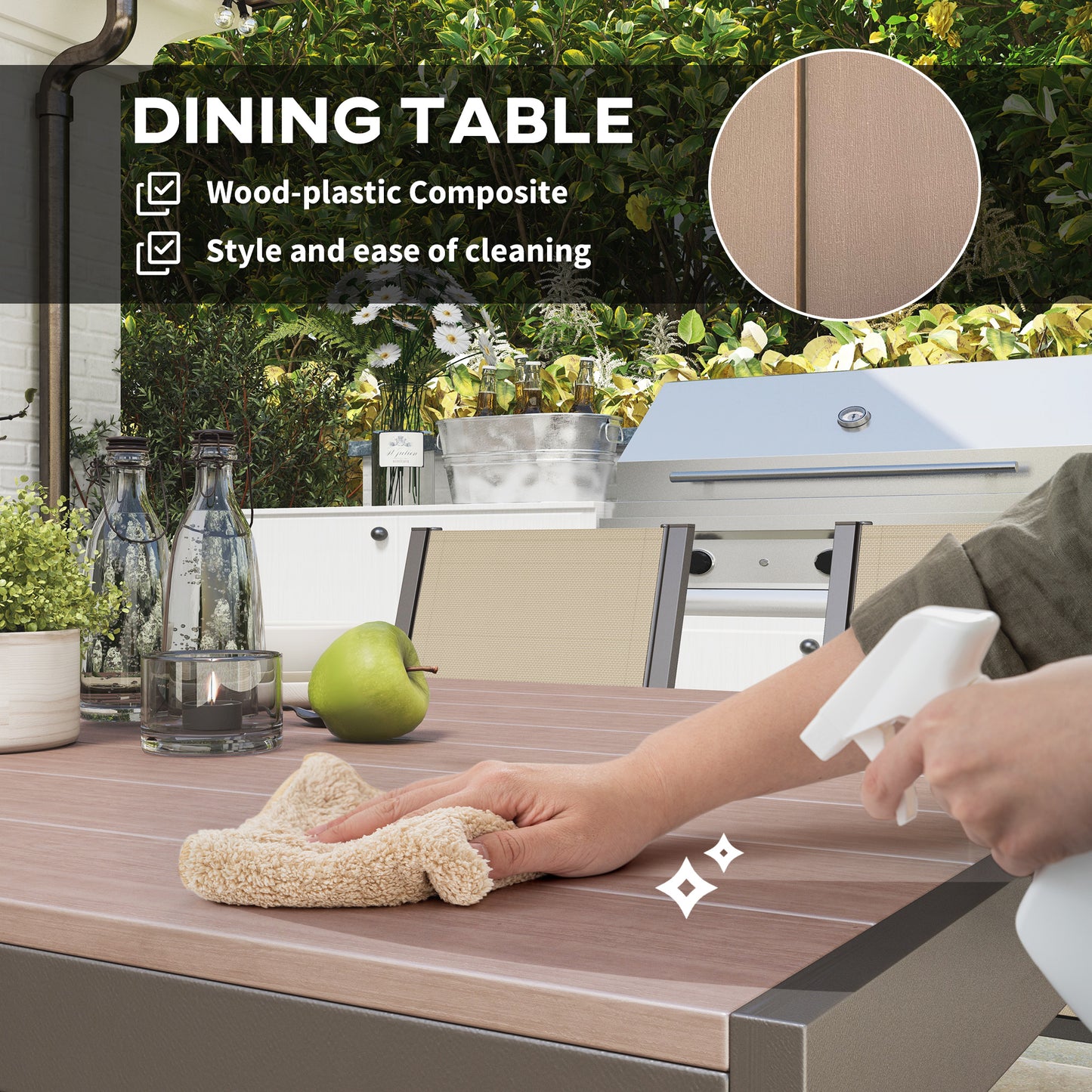 Seven-Piece Garden Dining Set, with Plastic Wood-Top Table - Brown