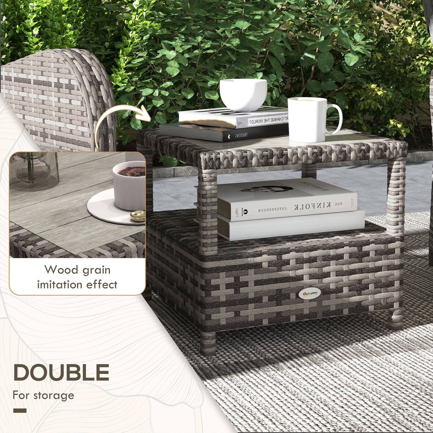 2 Seater Patio Rattan Chaise Lounge Sofa Set with Fabric Cushion, Grey and Brown