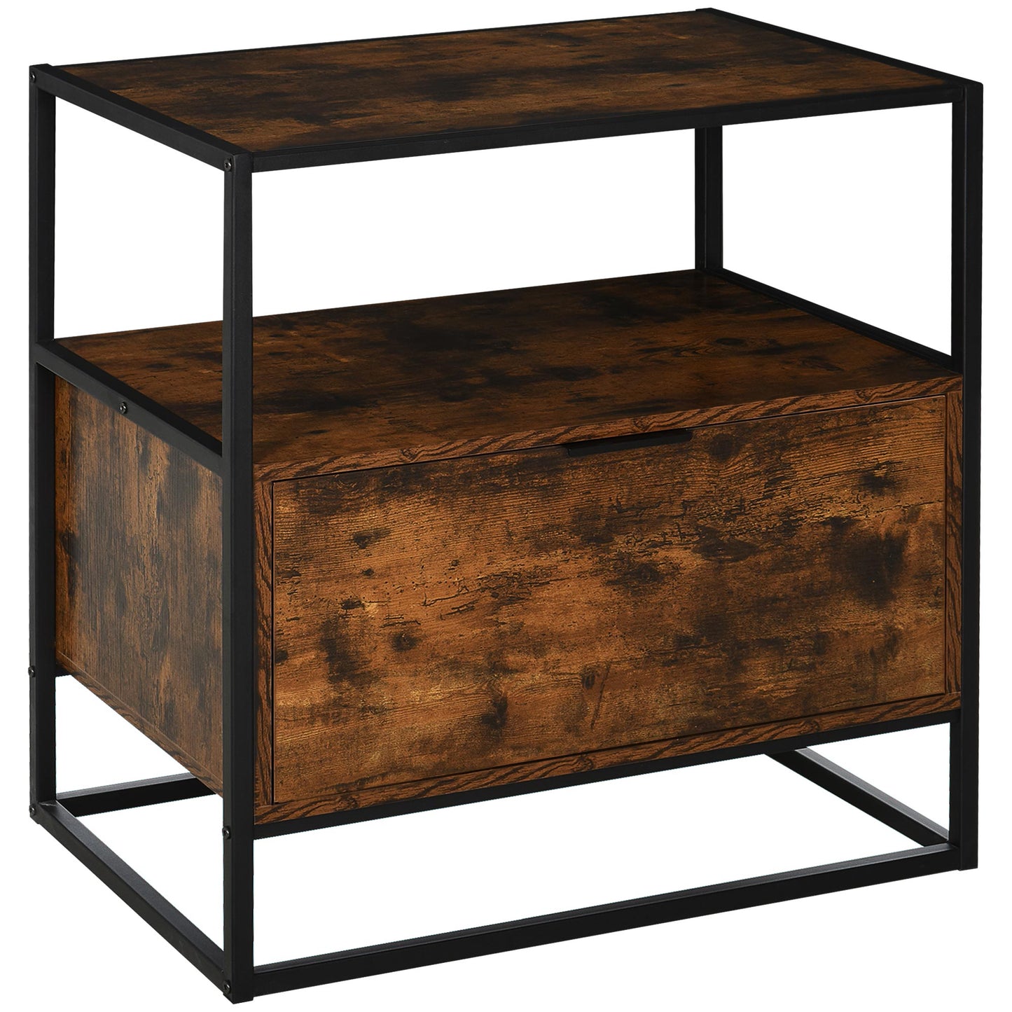 Industrial-Style Side Table w/ Drawer Open Shelf Steel Frame Large Base Two-Tone Retro Stylish Home Furniture Bedroom Living