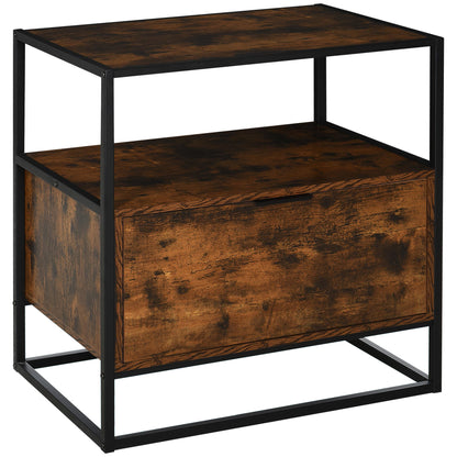 Industrial-Style Side Table w/ Drawer Open Shelf Steel Frame Large Base Two-Tone Retro Stylish Home Furniture Bedroom Living