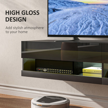 Floating TV Unit, Wall Mounted TV Cabinet for TVs up to 65", High Gloss Media Wall Unit with LED Lights, Storage Shelves