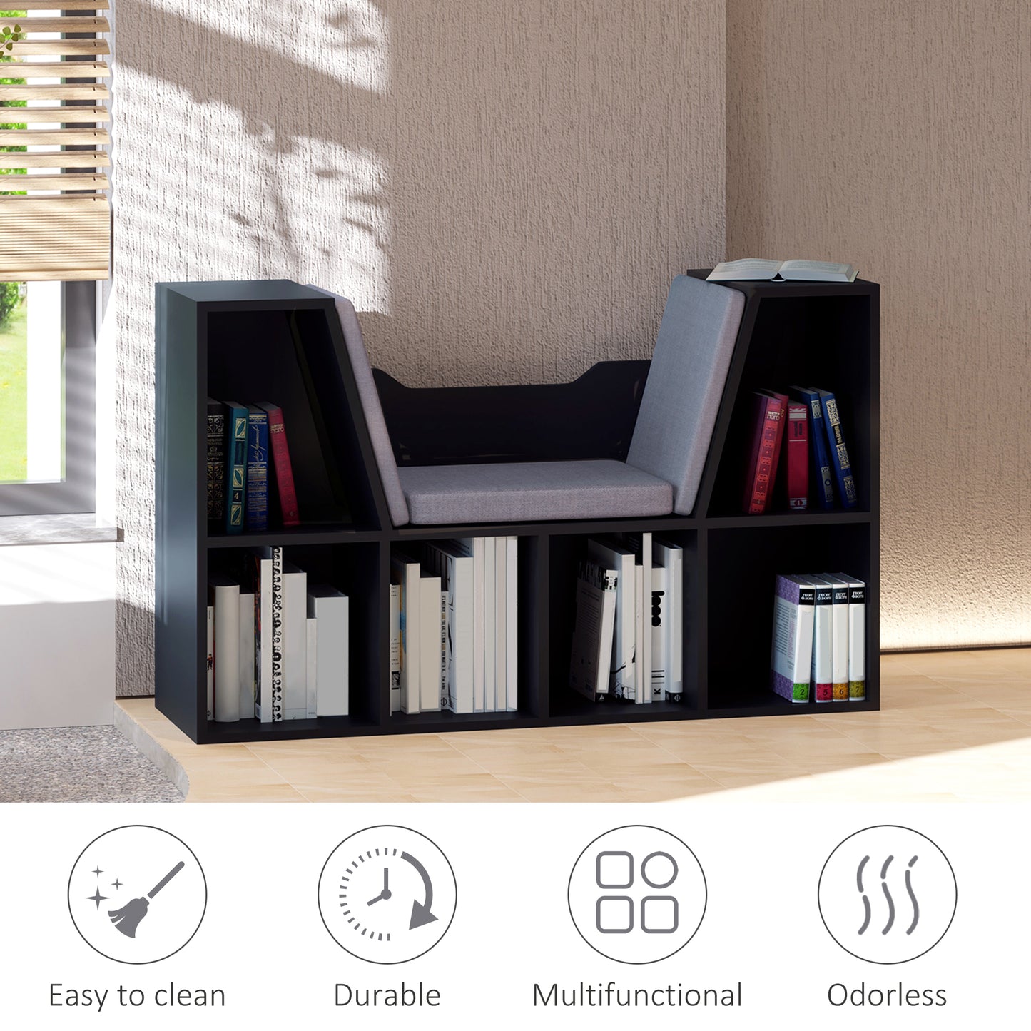 Bookcase with Cushioned Reading Seat – Black