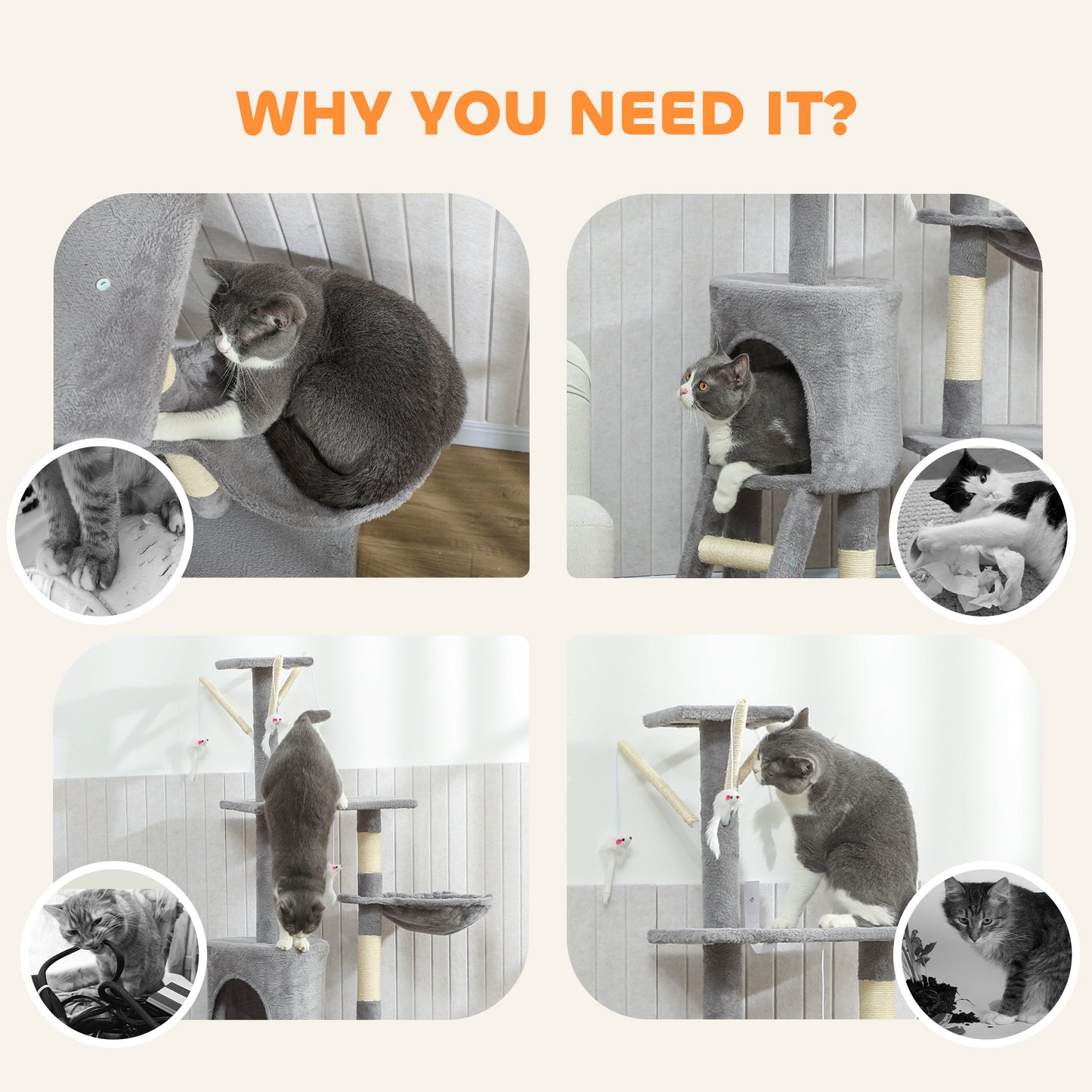 Multi-Level Cat Tower, 134cm Cat Tree with Condo and Sisal Scratching Posts for Indoor Kittens, Grey