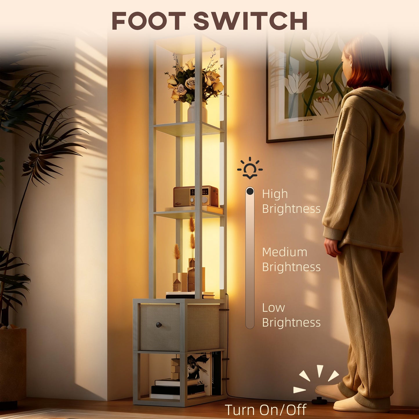 Floor Lamp with Shelves, LED Column Modern Standing Lamp with Fabric Drawer, Adjustable Brightness