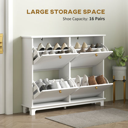 Narrow Shoe Storage Cabinet, Slim Shoe Cabinet with 4 Flip Drawers, Adjustable Shelves for 16 Pairs of Shoes, White