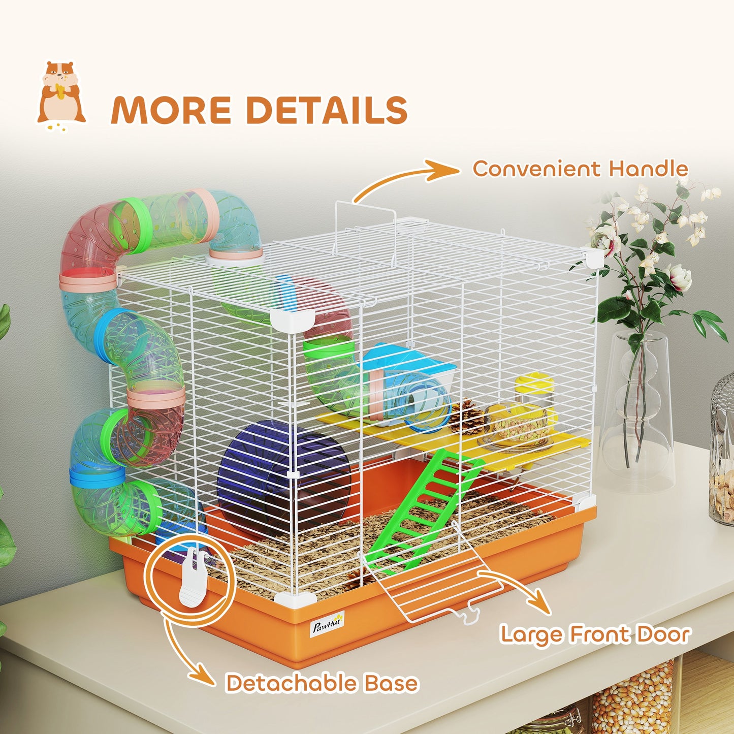 2 Tier Hamster Cage, Gerbil Cage with Handle, Exercise Wheels, Tunnel, Water Bottle, Dishes, Ladder, for Dwarf
