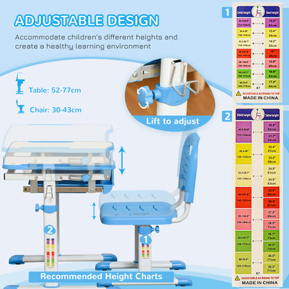 Kids Desk and Chair Set, Height Adjustable Student Writing Desk, Children School Study Table with Tiltable Desktop, Drawer