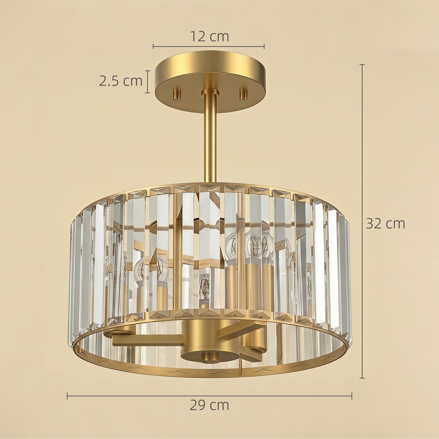 Semi Flush Mount Modern Crystal Chandelier Ceiling Light, Crystal Ceiling Light Fixture with E14 Base, Gold